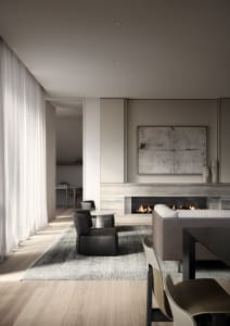 Modern living room featuring a concrete fireplace, leather furniture, and wood flooring.