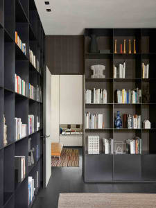 A modern library with dark wooden shelves filled with books and decorative items, featuring a minimalist design with sleek li