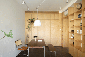 A modern home office featuring a wooden table with a lamp and a green plant in the background.