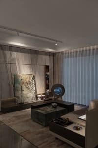 Modern, minimalist living room featuring marble surfaces and neutral tones.