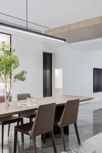 A modern minimalist dining room featuring a wooden table and chairs, with a green plant and glass vase on the table. The ceil