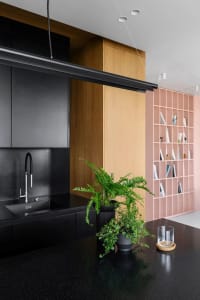 Modern, minimalist residential kitchen with dark granite countertops and black cabinets.
