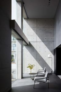 Modern living room featuring minimalist design with concrete walls and floor.