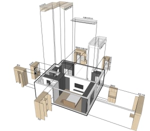 A modern apartment design featuring walnut and glass structural cuts and layout.