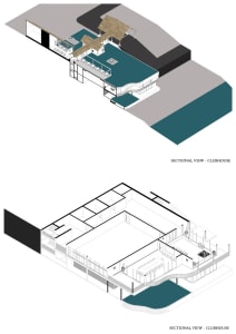 Isometric view of a modern clubhouse with a waterfront location.