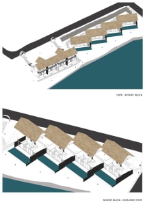 Floor plan of a resort block featuring thatched roofs.
