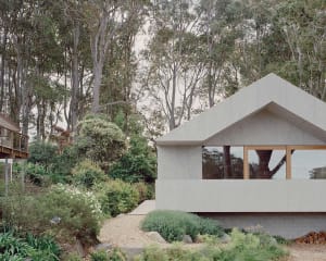 A modern minimalist house with a concrete exterior surrounded by lush greenery and a pathway.