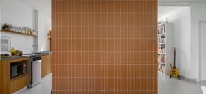 A minimalist kitchen with a terracotta tile wall