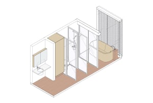 A minimalist bathroom design with a glass door shower enclosure and a freestanding bathtub.