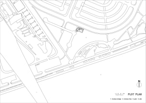 Line drawing of a site layout plan with various labeled sections and a compass rose indicating orientation.