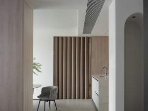 A modern interior design featuring wooden elements