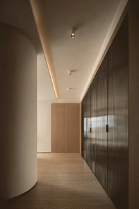 Modern minimalist corridor with wooden flooring, minimalist lighting, and sleek dark wood cabinets.