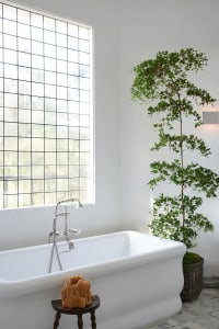 Modern bathroom with a white porcelain tub, green plants, and a window with grid glass.