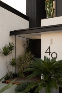 Modern front door entryway featuring concrete, wood, and lush green plants