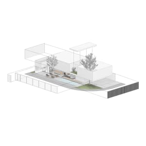 A modern house with a concrete floor plan featuring a swimming pool, patio area, and large windows.