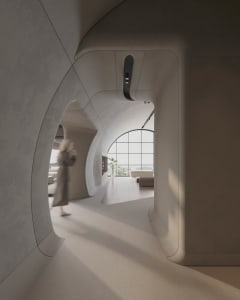 A modern, patterned concrete corridor with curved walls and a large arched window.