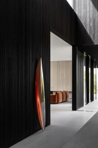 Modern residential entrance featuring a metallic ornament on a black wooden wall.