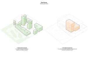 An architectural rendering of a pixelated house with a concrete structure and patios.