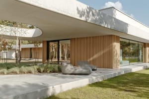 Modern architectural design featuring concrete and wooden elements.