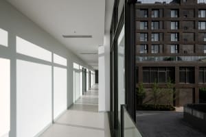 A modern minimalist office corridor with large glass walls allowing natural light to flood the space.