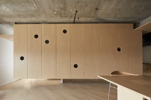 Modern interior design with wooden cabinets and concrete ceiling