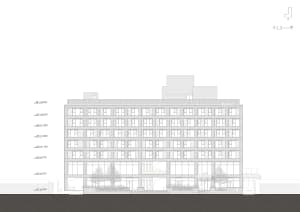 A detailed architectural drawing of an office building facade with glass windows and concrete structural elements.