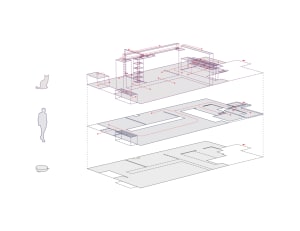 Modern architectural interior design, featuring blueprints and detailed layout.