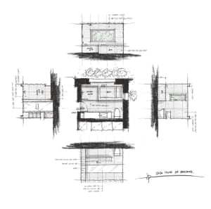 A sketch of a modern bathroom layout with various design elements and annotations.