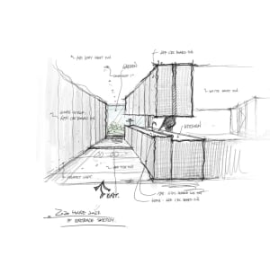 A sketch of a modern entrance with concrete and steel materials.