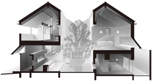Cutaway view of a modern house interior showcasing glass materials for design purposes