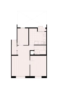 A minimalist floor plan on paper showing a residential layout with a living area, kitchen, and bathroom.