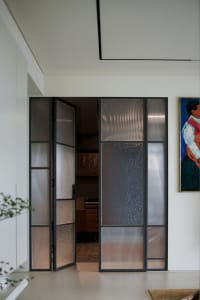 Modern residential entryway featuring glass doors and black-framed glass panels.