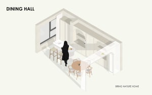 A modern dining room with minimalist design and white color scheme.