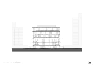 A modern building elevation depicted in a line drawing style.