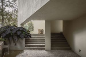 Modern interior design featuring a concrete staircase and minimalist decor.