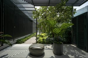 A modern interior space featuring concrete flooring and various green plants.