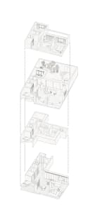 Black and white architectural drawing of a modern residential floor plan