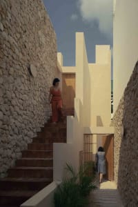 A modern landscape design featuring concrete and stone with a natural stone wall and white buildings and doors.