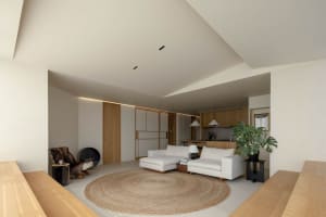 Modern minimalist living room with white sofas, wooden floor, and round rug.