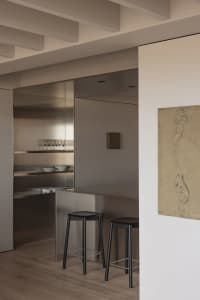 Modern kitchen features minimalist metal design and sleek, functional elements.
