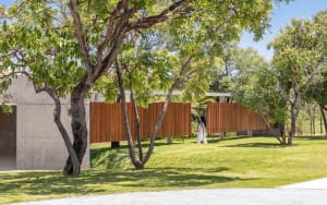 A minimalist outdoor space featuring wood canvases and a concrete structure.