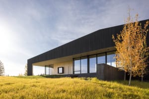 A modern house with a black metal-clad exterior and large glass windows in a grassy field.