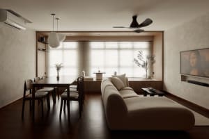 Modern living room with a white couch, dark wood dining table, and white pendant lights.