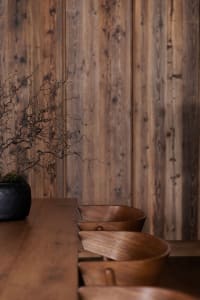 A minimalist interior design featuring wooden furniture and a potted plant with bare branches.