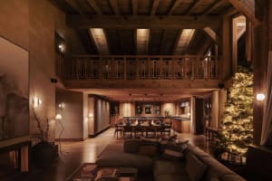 A modern residential interior with wooden walls and floors, featuring a cozy living room and a dining area.