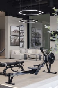 A stylish modern home gym featuring black metal equipment and minimalist decor.