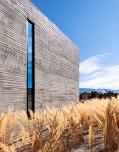 A modern minimalist house with a textured concrete exterior and a tall, narrow window, surrounded by dry, golden grasses agai