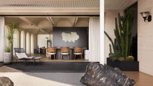 A modern commercial interior design featuring concrete, glass, leather, metal, and minimalist furniture.