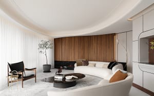 Modern interior design featuring a living room with white leather couches, a wooden wall, and a marble coffee table.