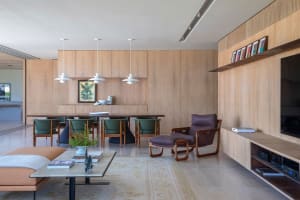A modern, minimalist living room featuring a wooden floor, a large exposed kitchen area with wooden cabinets, and a comfortab